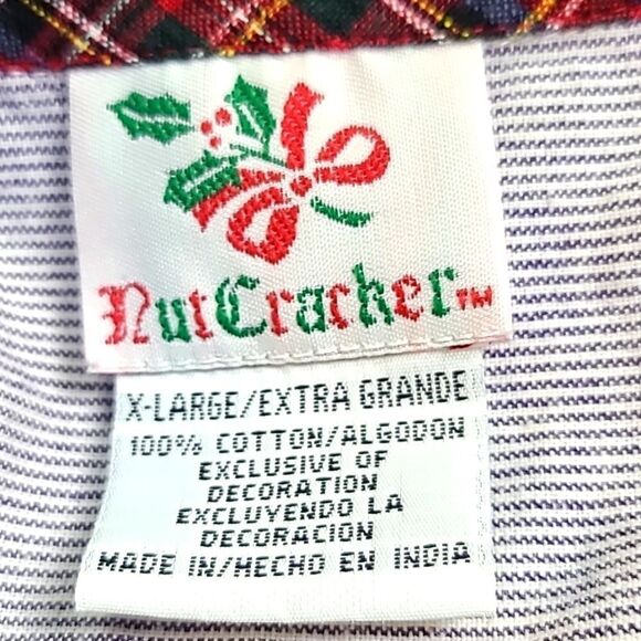 Holiday Shirt, Blue Pinstripe, Navy Collar, Red & Green Holly Accents, Size XL - Picture 8 of 8